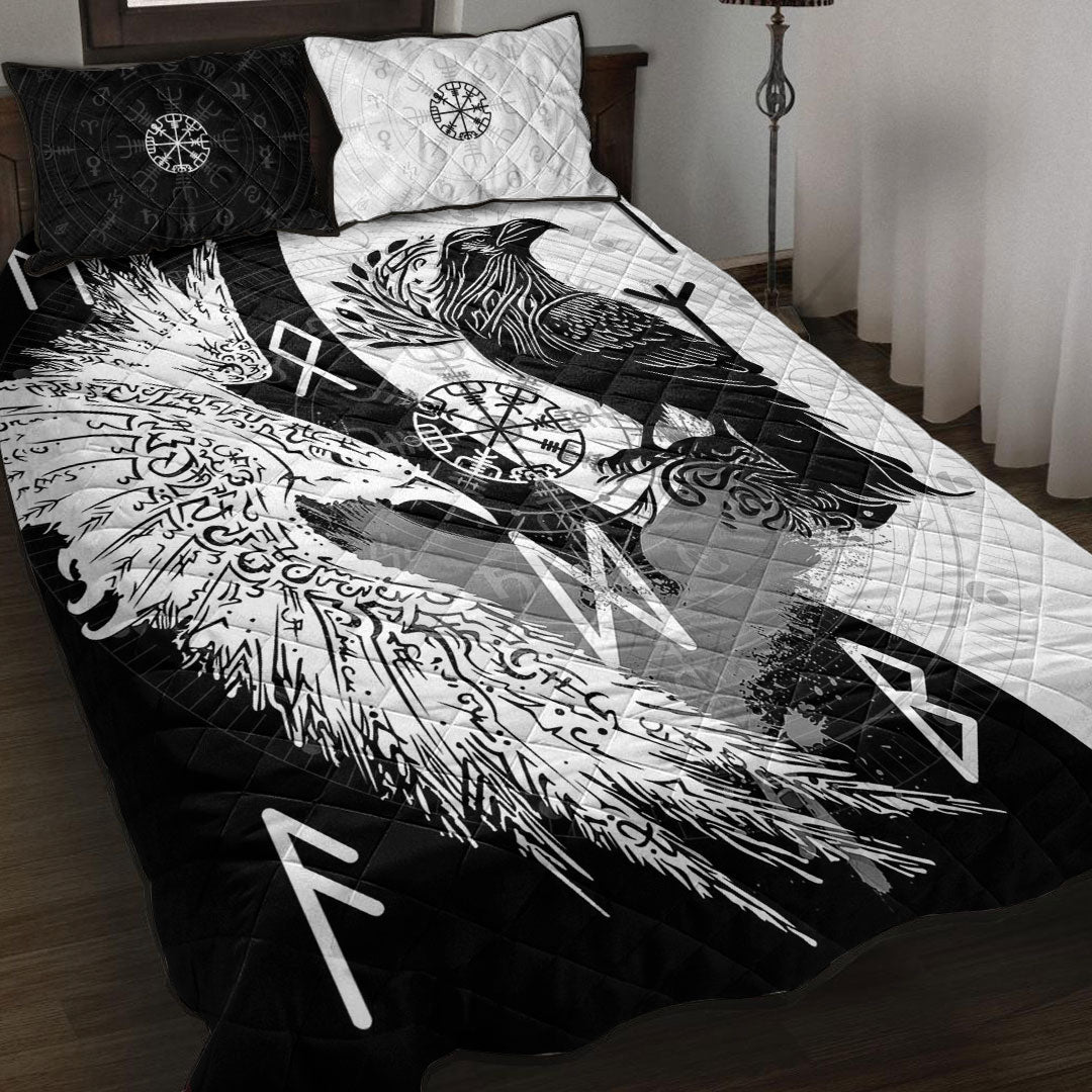 Quilt Bed Set - Raven Viking Tattoo Ying Yang Style Quilt Bed Set