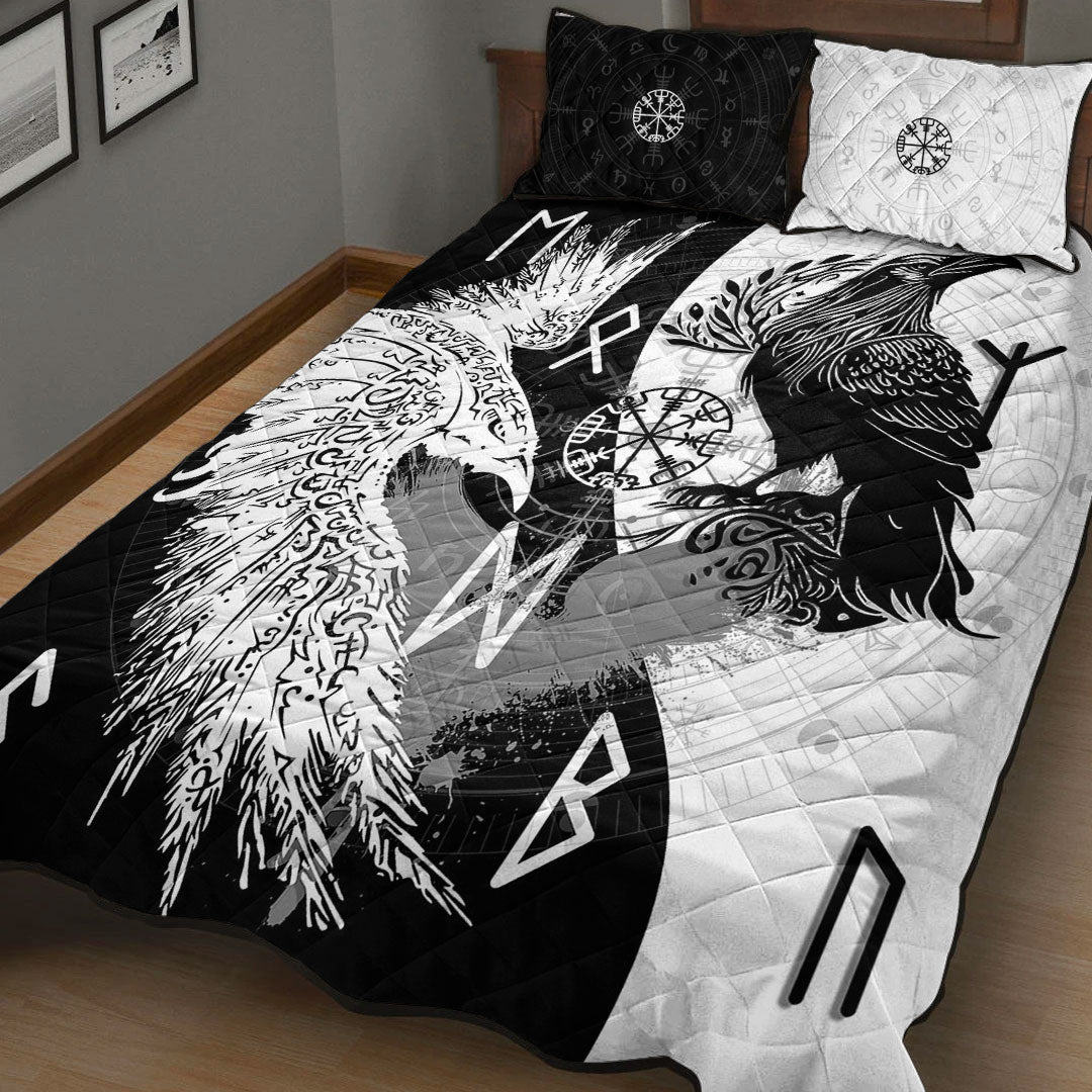 Quilt Bed Set - Raven Viking Tattoo Ying Yang Style Quilt Bed Set