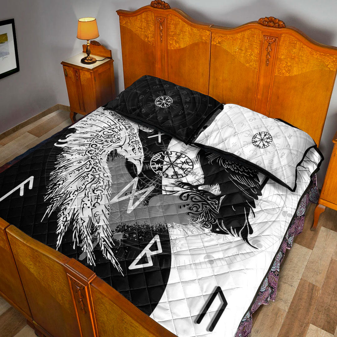 Quilt Bed Set - Raven Viking Tattoo Ying Yang Style Quilt Bed Set