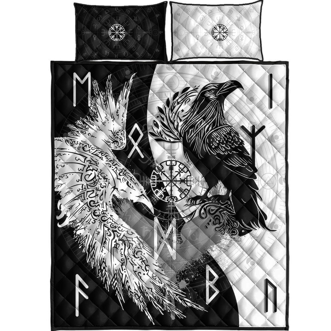 Quilt Bed Set - Raven Viking Tattoo Ying Yang Style Quilt Bed Set