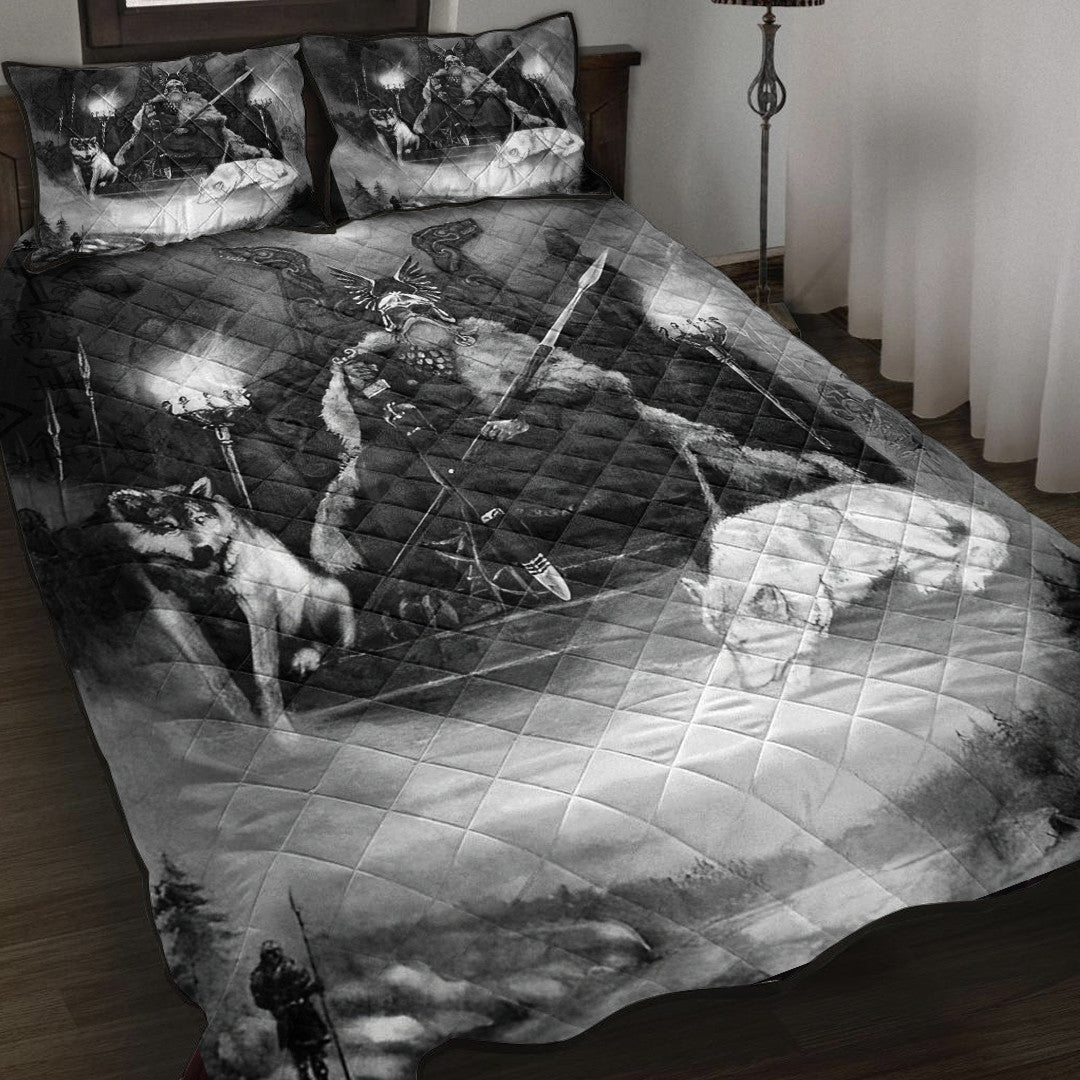 Viking Style Quilt Bed Set - King Odin Viking Wolf Quilt Bed Set A35