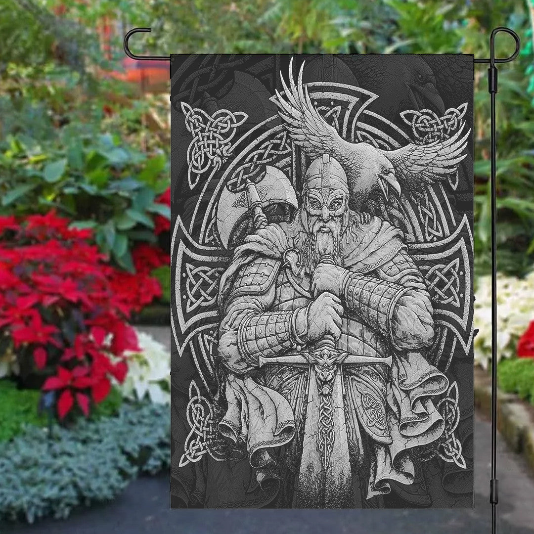 Garden Flag - Viking Odin Tattoo and Raven Round Vector Style Garden Flag