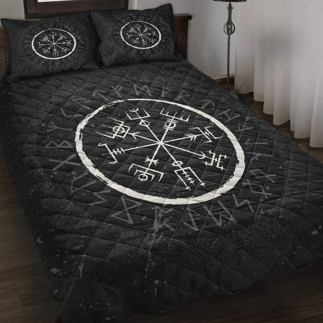 Viking Style Quilt Bed Set - Vegvisir and Rune Round Vector Style Quilt Bed Set A35