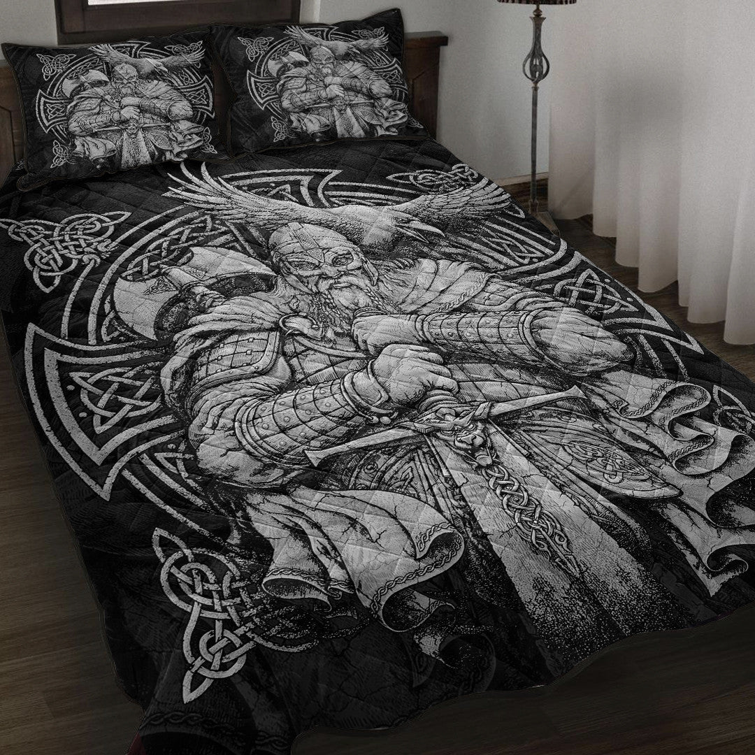 Viking Style Quilt Bed Set - Viking Odin Tattoo and Raven Round Vector Style Quilt Bed Set A35