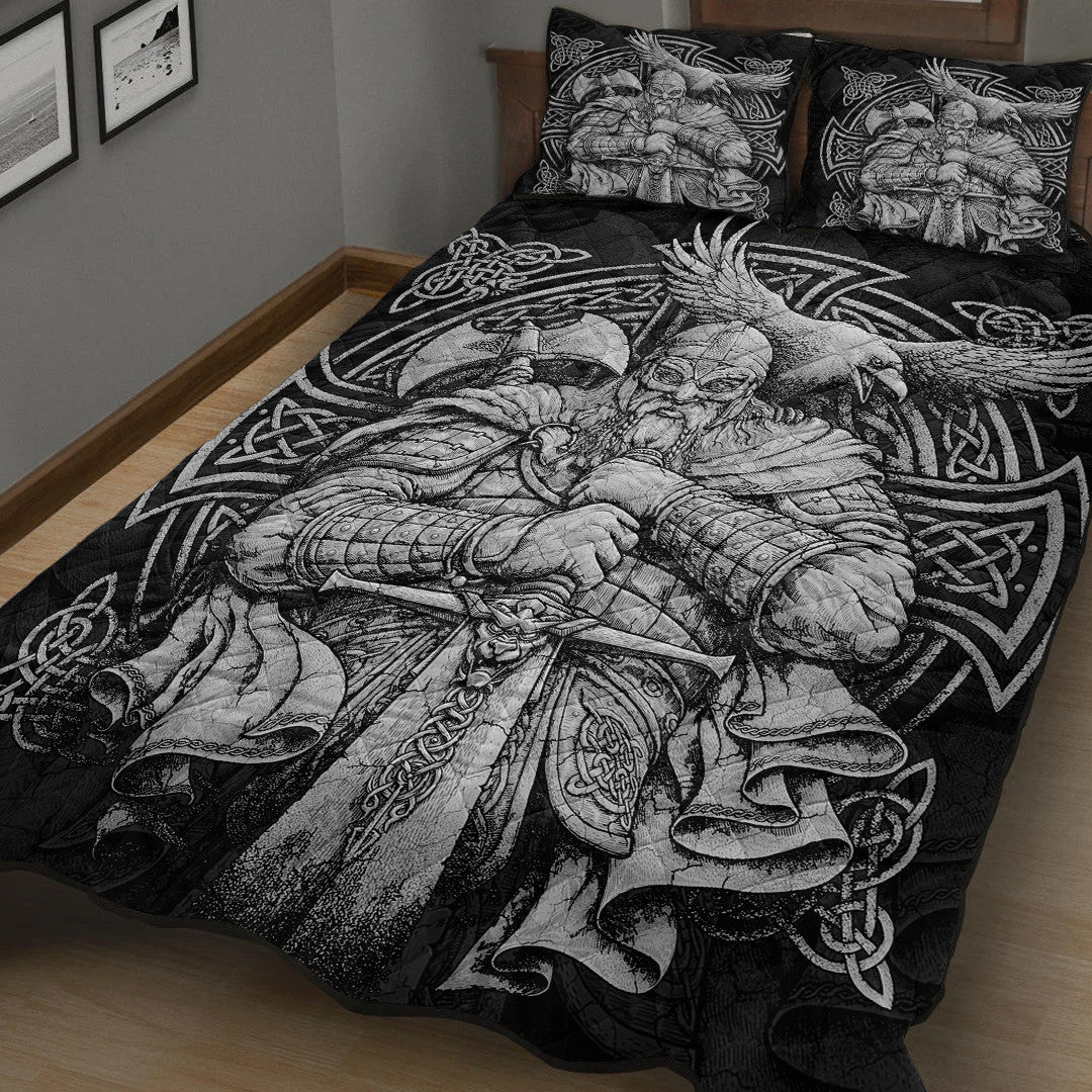 Quilt Bed Set - Viking Odin Tattoo and Raven Round Vector Style Quilt Bed Set