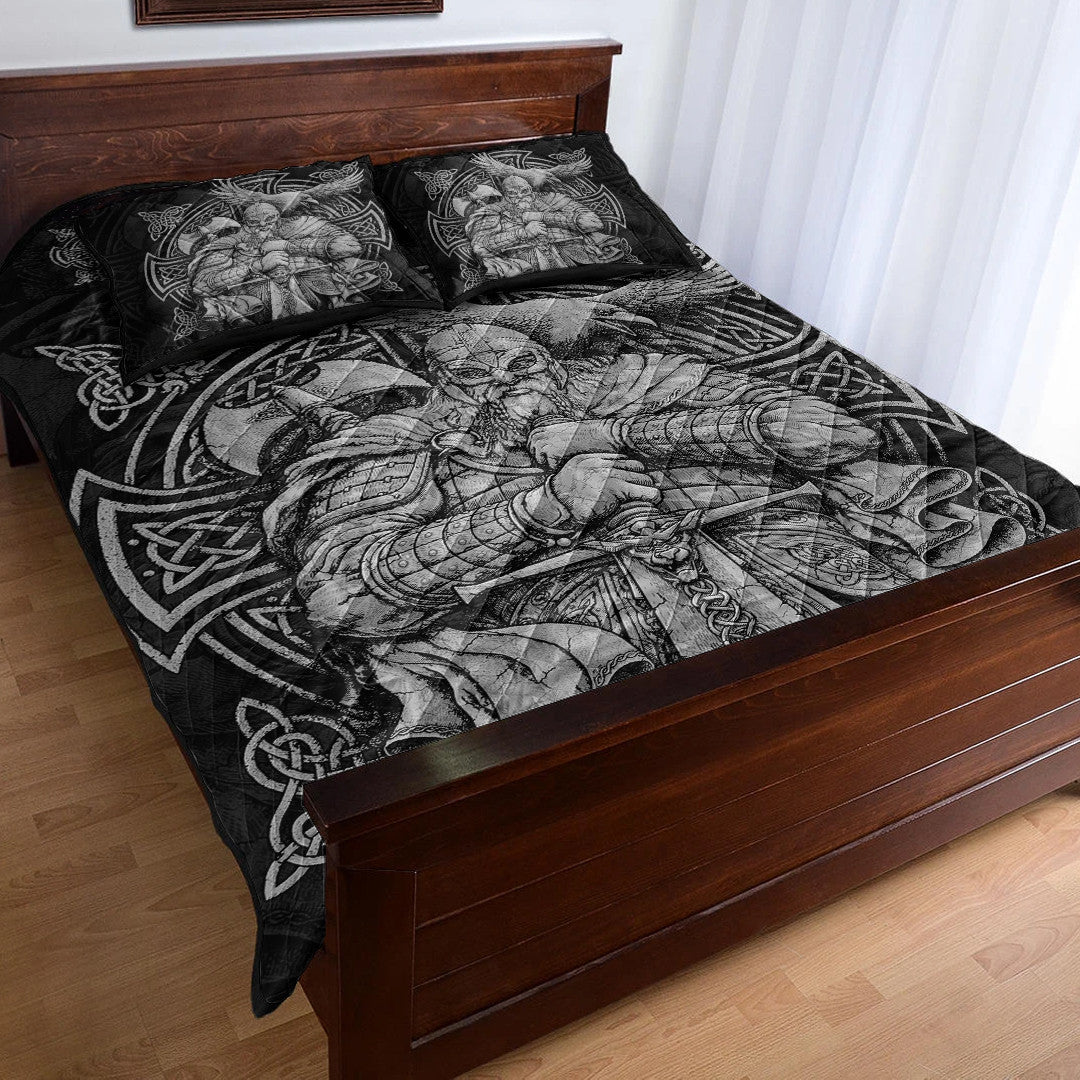 Quilt Bed Set - Viking Odin Tattoo and Raven Round Vector Style Quilt Bed Set