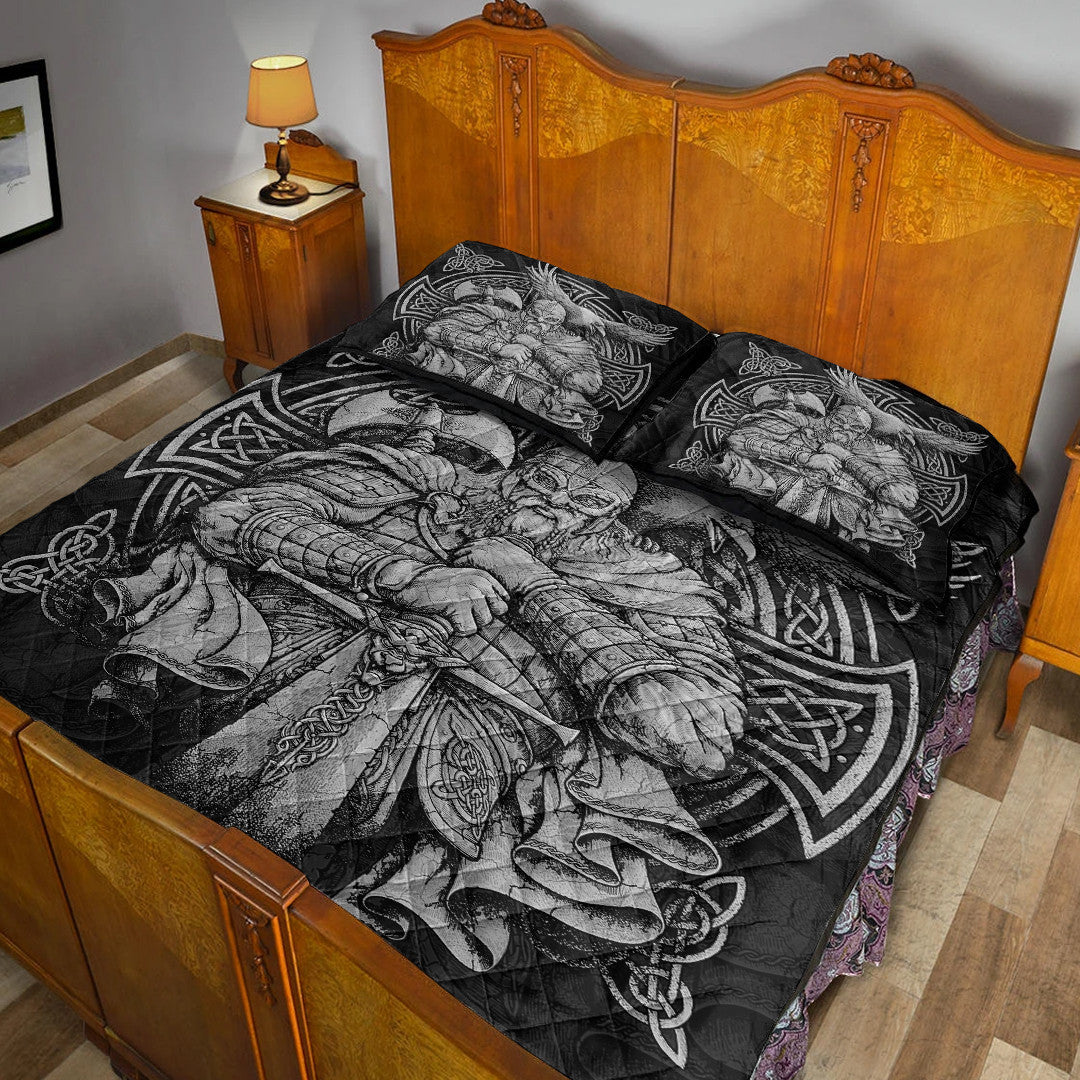 Quilt Bed Set - Viking Odin Tattoo and Raven Round Vector Style Quilt Bed Set