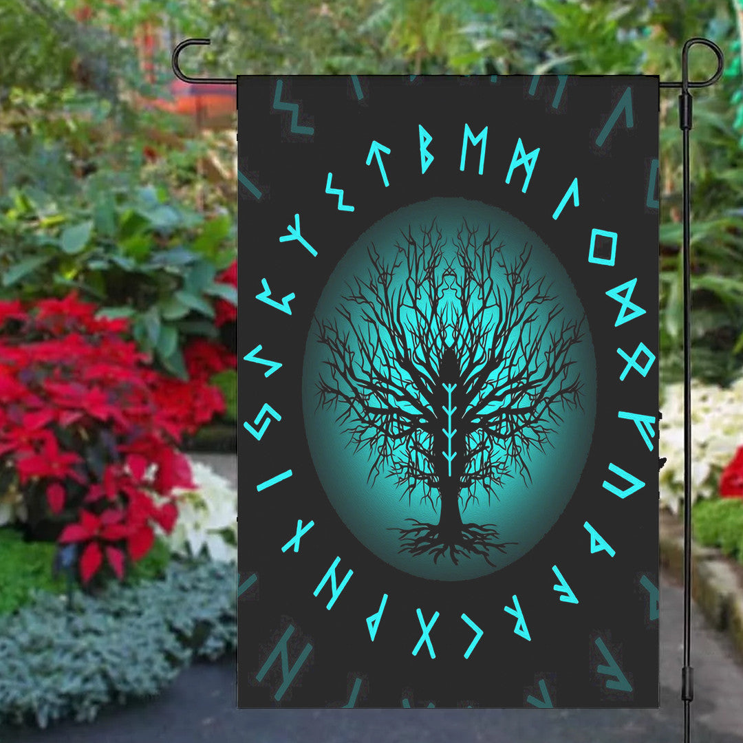 Garden Flag - Yggdrasil and Rune Round Tattoo Garden Flag