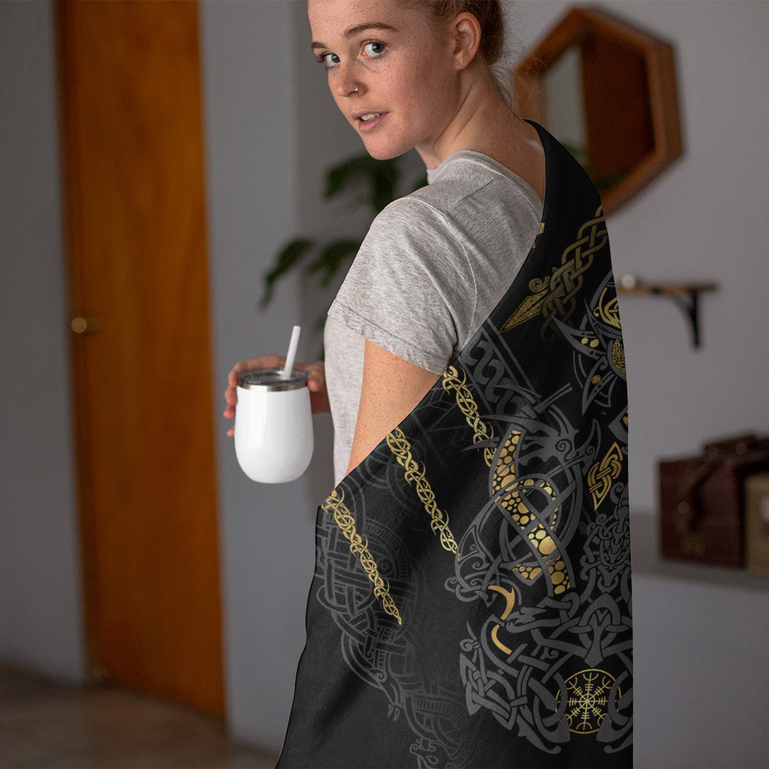 Celtic  Hooded Blanket - Fenrir and Claw Gold-Black Hooded Blanket