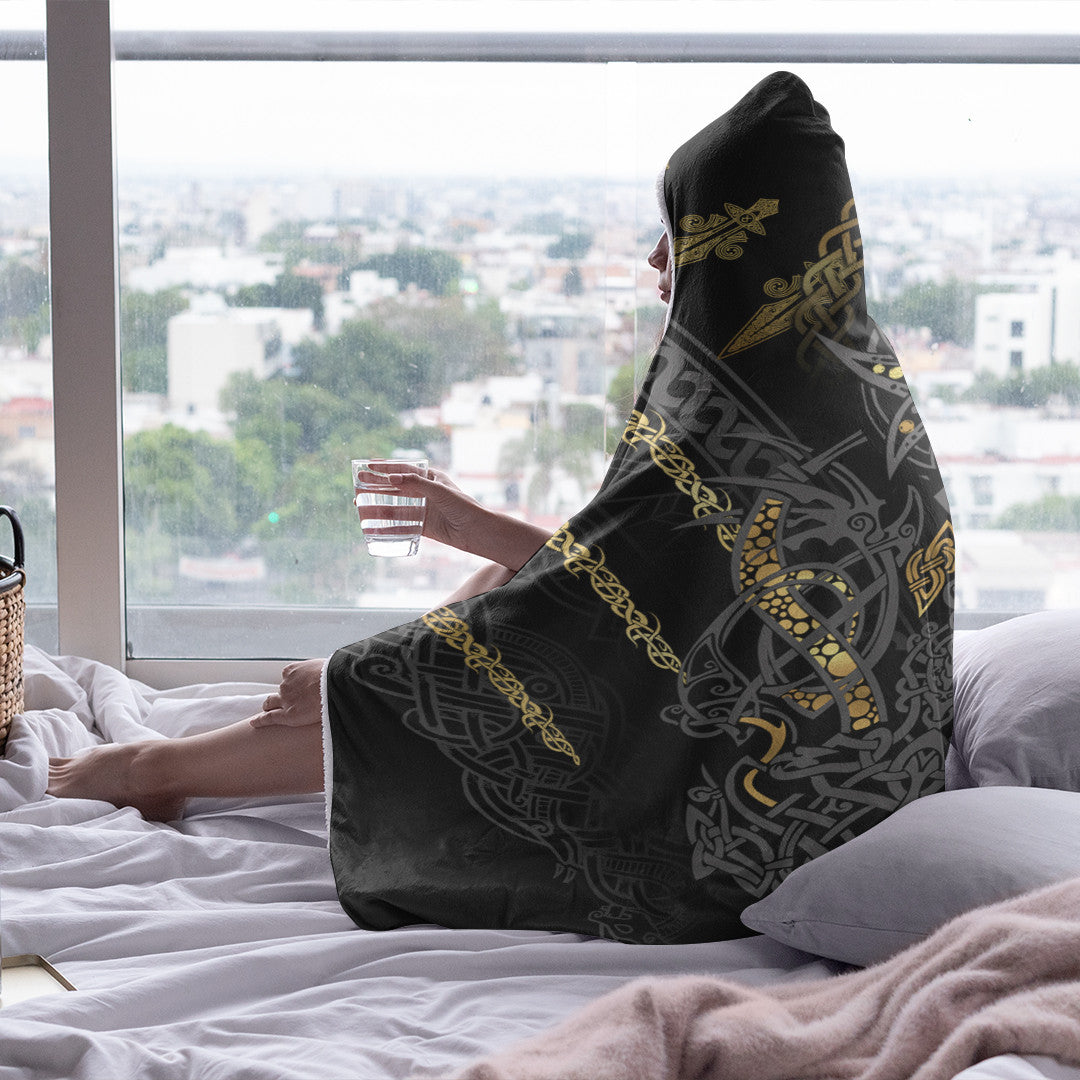 Celtic  Hooded Blanket - Fenrir and Claw Gold-Black Hooded Blanket