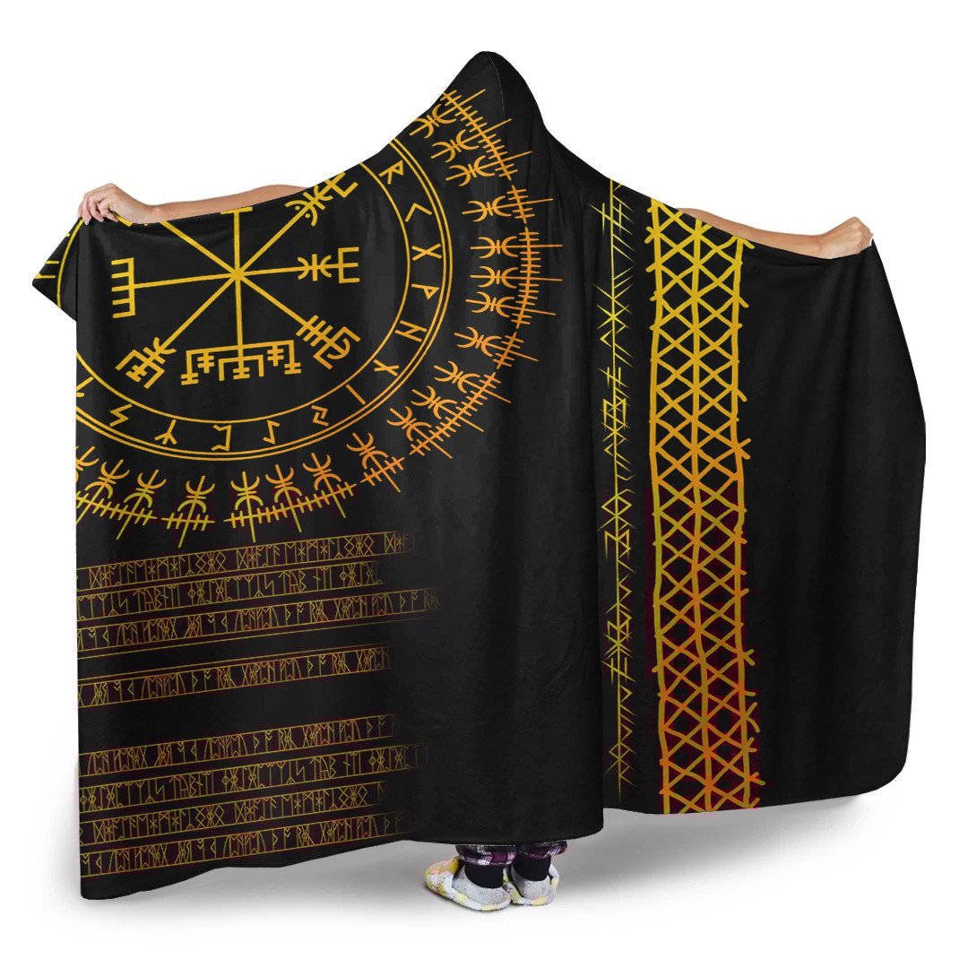 Celtic  Hooded Blanket - Vegvisir and Rune Gold Style Hooded Blanket