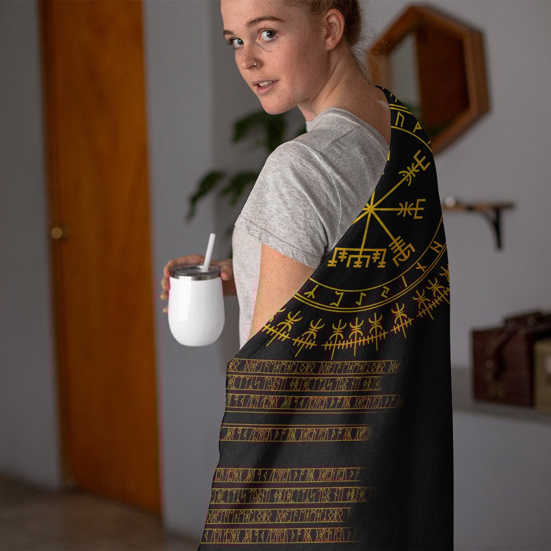 Celtic  Hooded Blanket - Vegvisir and Rune Gold Style Hooded Blanket