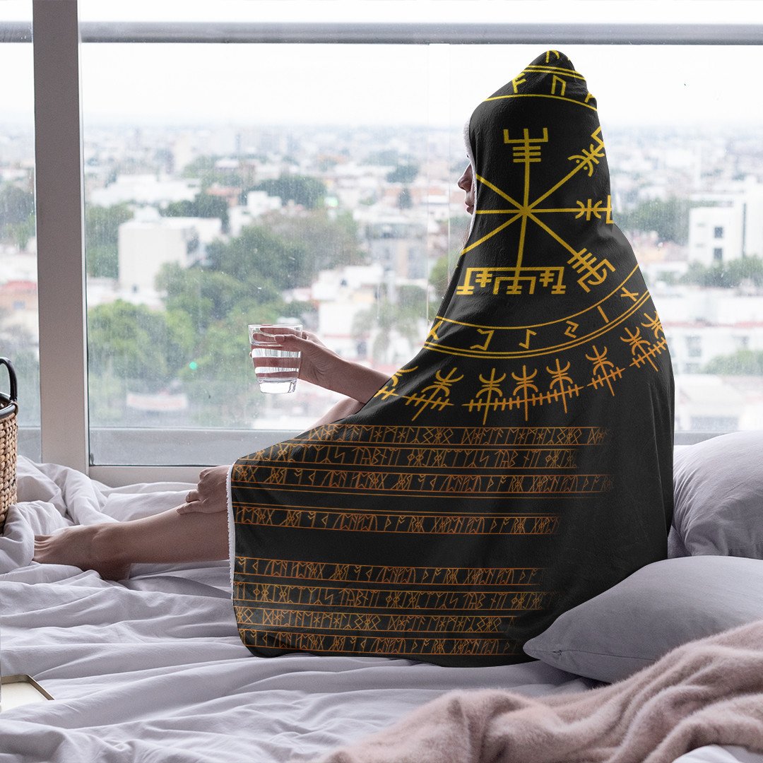 Celtic  Hooded Blanket - Vegvisir and Rune Gold Style Hooded Blanket