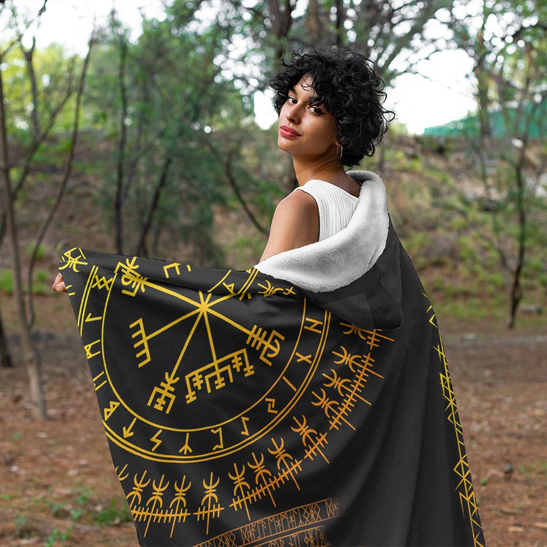 Celtic  Hooded Blanket - Vegvisir and Rune Gold Style Hooded Blanket