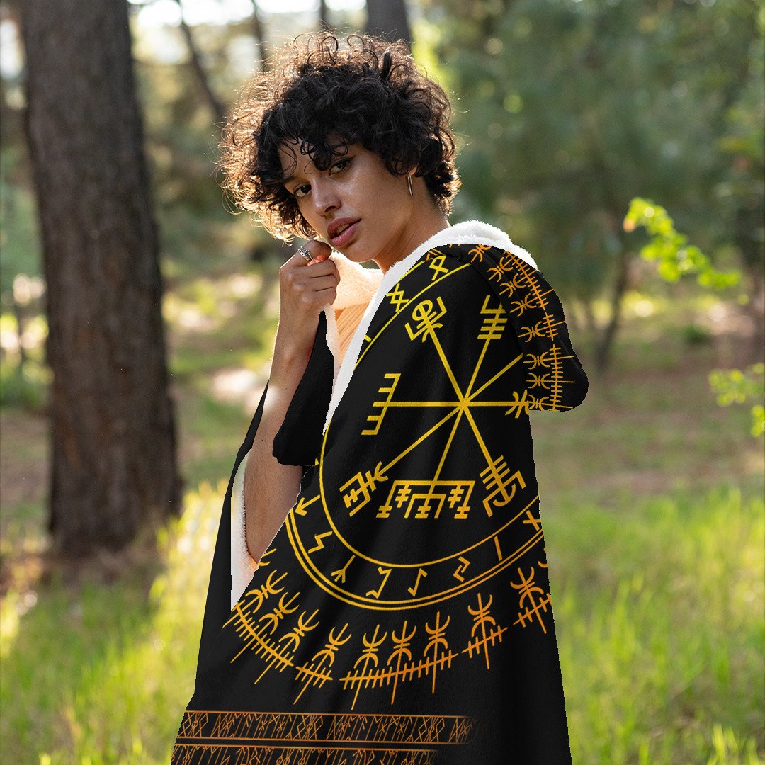 Celtic  Hooded Blanket - Vegvisir and Rune Gold Style Hooded Blanket