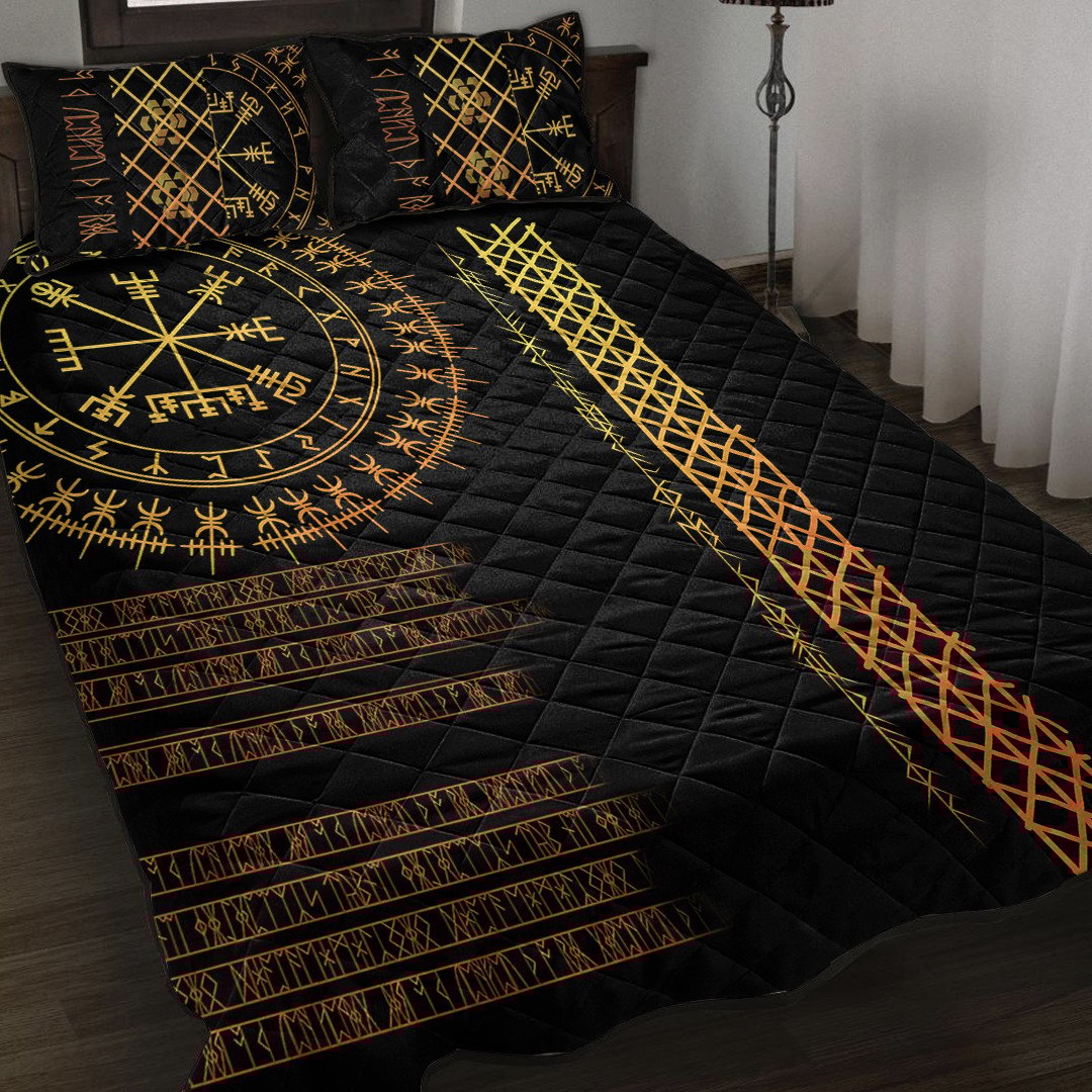 1st Ireland Celtic Quilt Bed Set - Vegvisir and Rune Gold Style Quilt Bed Set A35