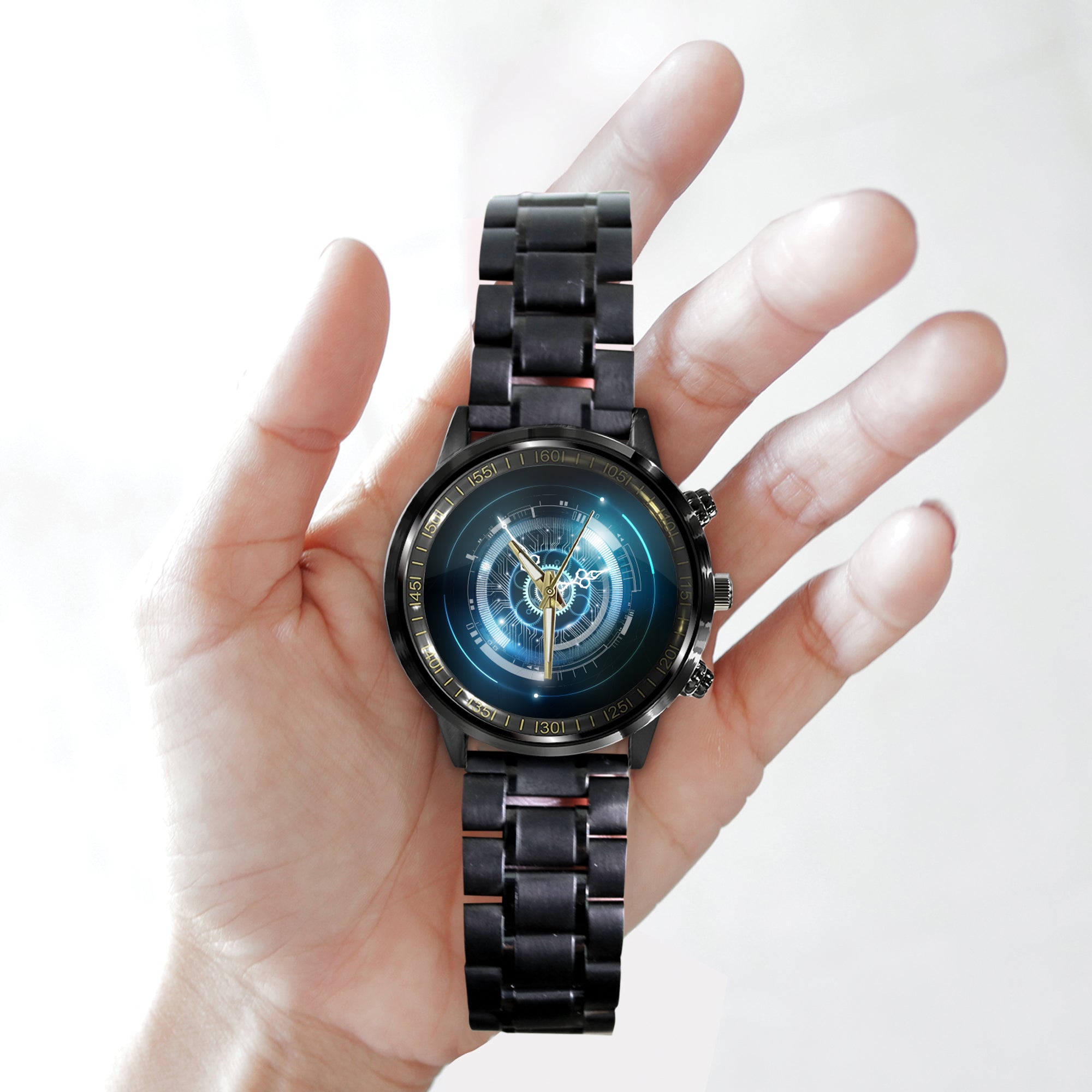 Watch - Abstract Futuristic Technology Background With Clock Concept And Time Machine Black Stainless Steel Watch