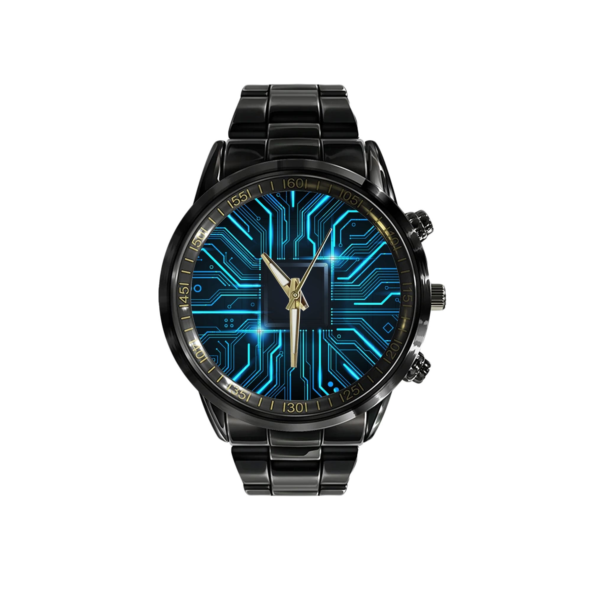 Watch - Abstract Technology Circuit Board Background. Futuristic Chip Processor Code On Blue Technology Background Black Stainless Steel Watch