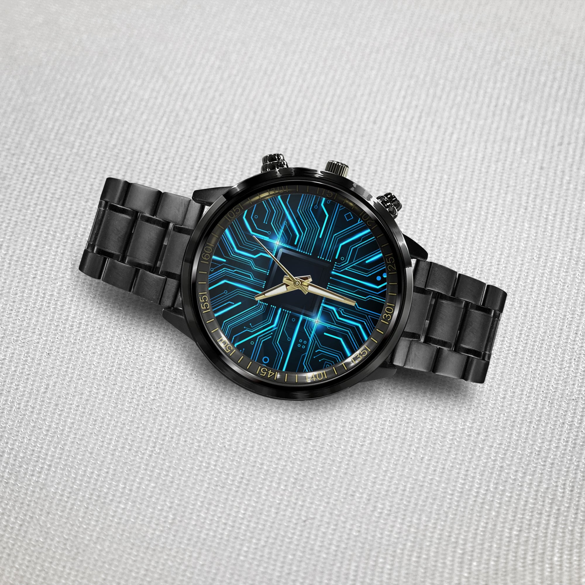 Watch - Abstract Technology Circuit Board Background. Futuristic Chip Processor Code On Blue Technology Background Black Stainless Steel Watch