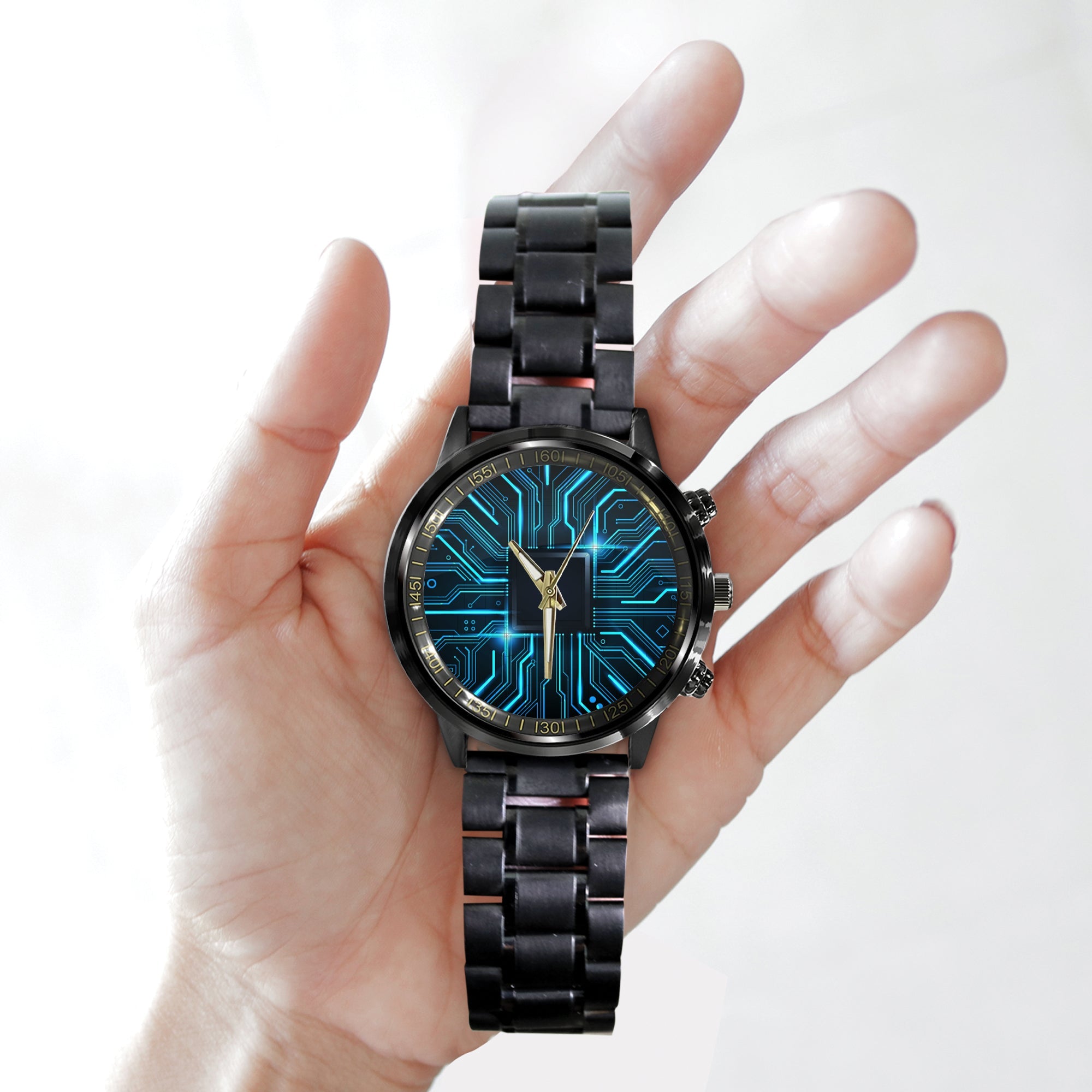 Watch - Abstract Technology Circuit Board Background. Futuristic Chip Processor Code On Blue Technology Background Black Stainless Steel Watch