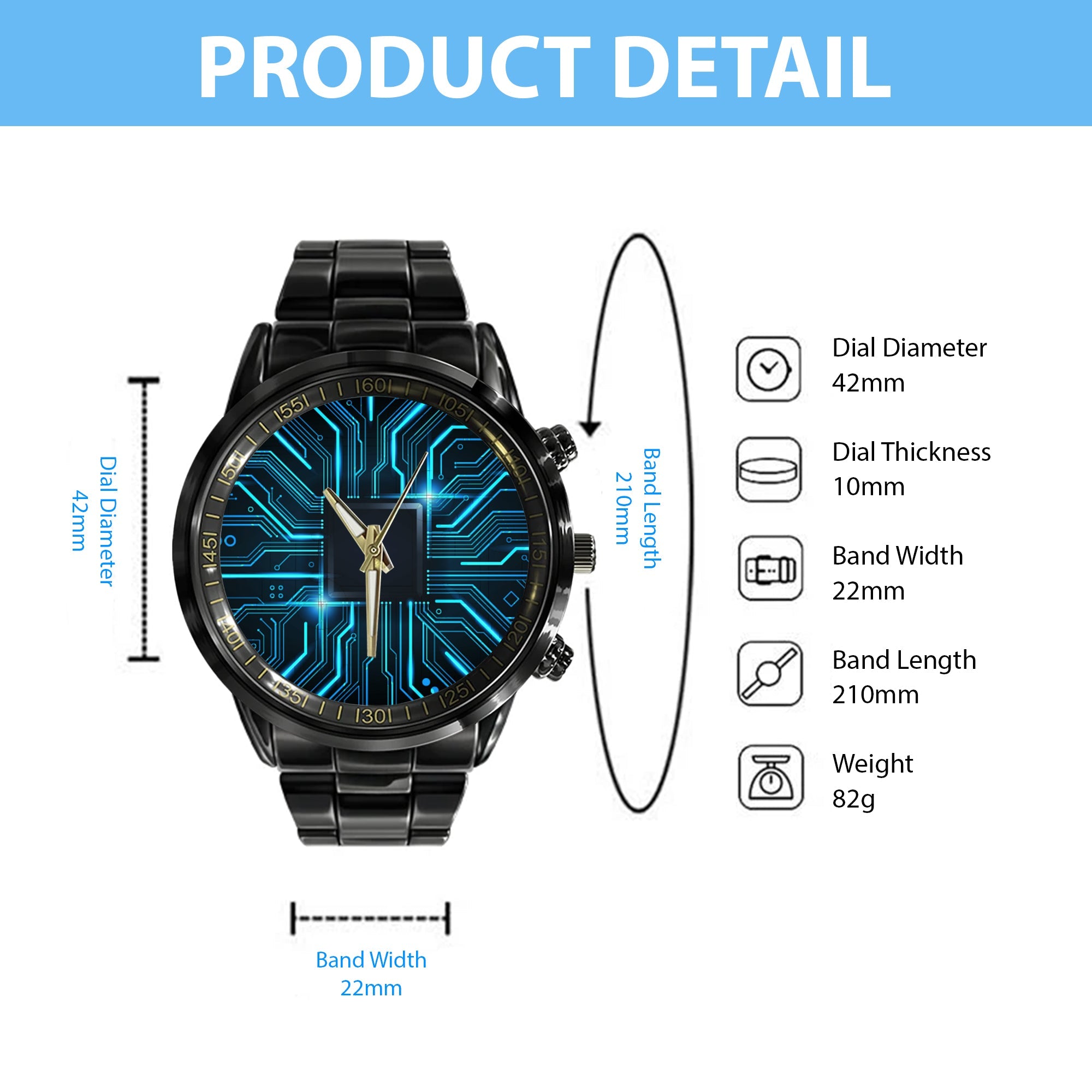 Watch - Abstract Technology Circuit Board Background. Futuristic Chip Processor Code On Blue Technology Background Black Stainless Steel Watch