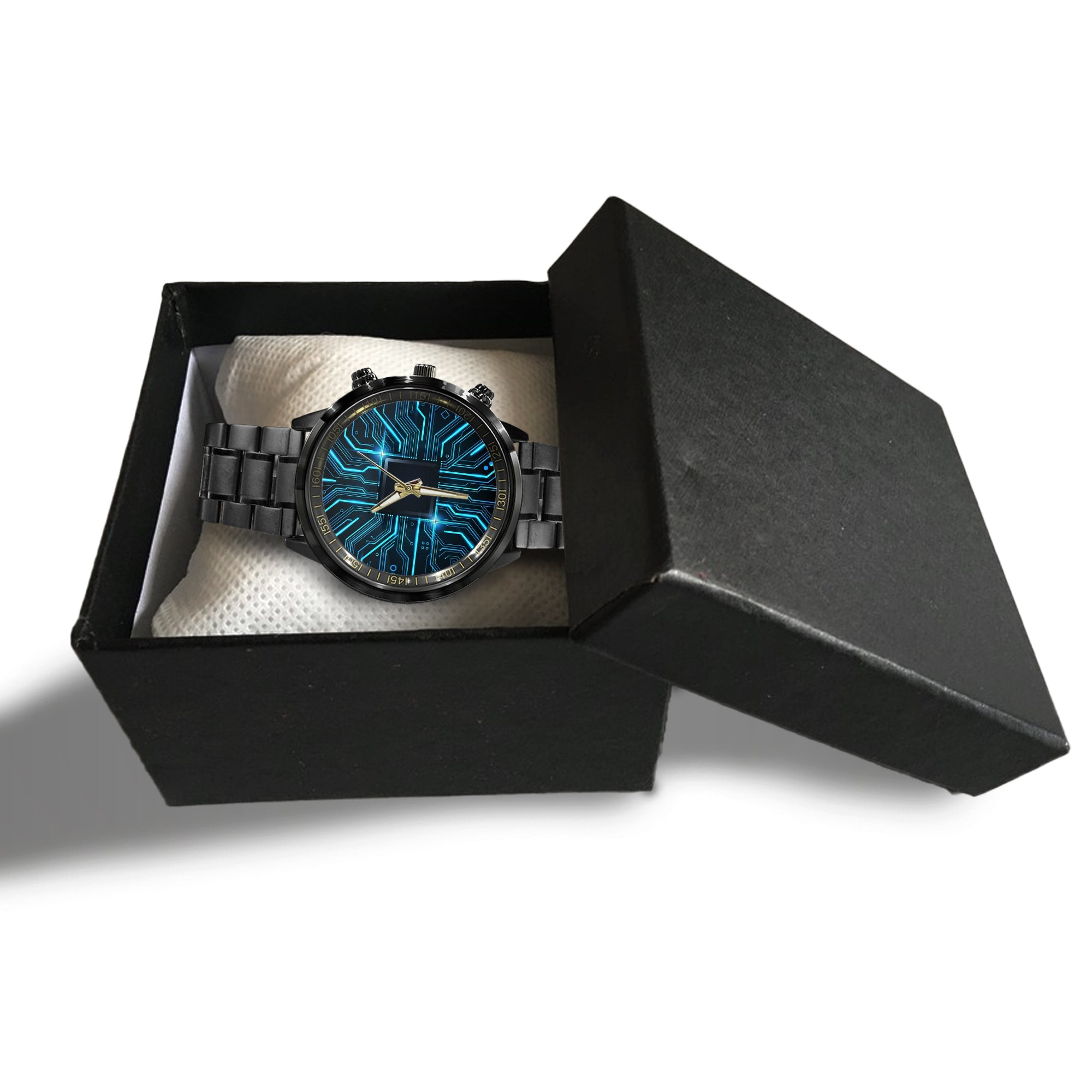 Watch - Abstract Technology Circuit Board Background. Futuristic Chip Processor Code On Blue Technology Background Black Stainless Steel Watch