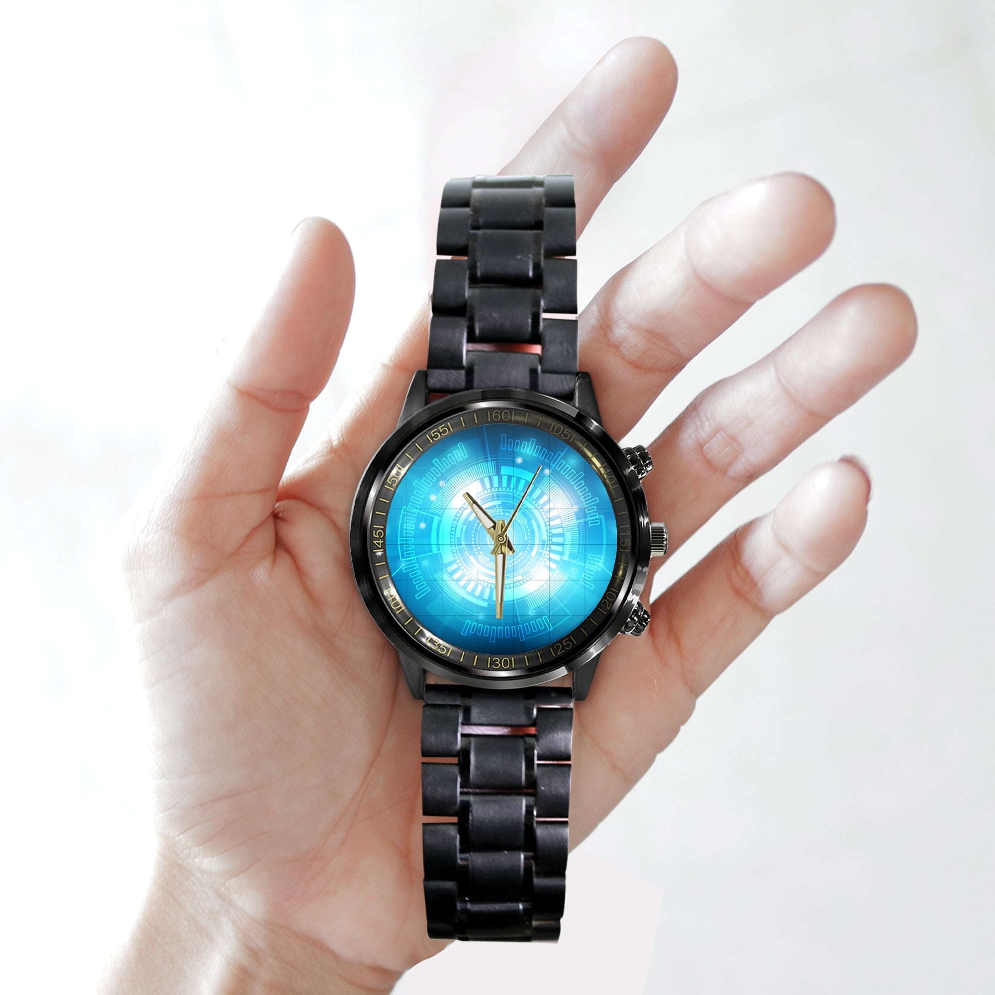 Watch - Abstract Technological Background With Various Technological Elements. Structure Pattern Technology Black Stainless Steel Watch