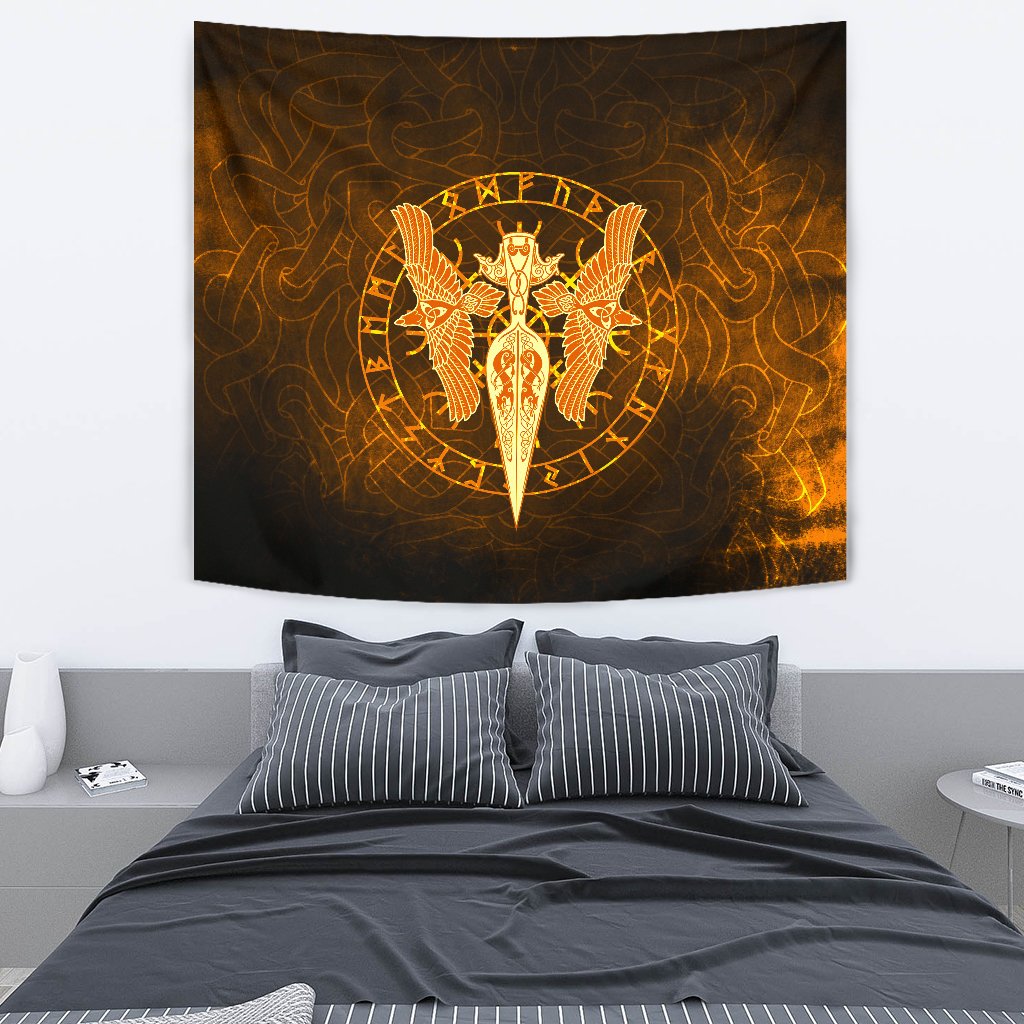 Tapestry Gold Spear Of The God Odin - Gungnir And Two Gold Ravens