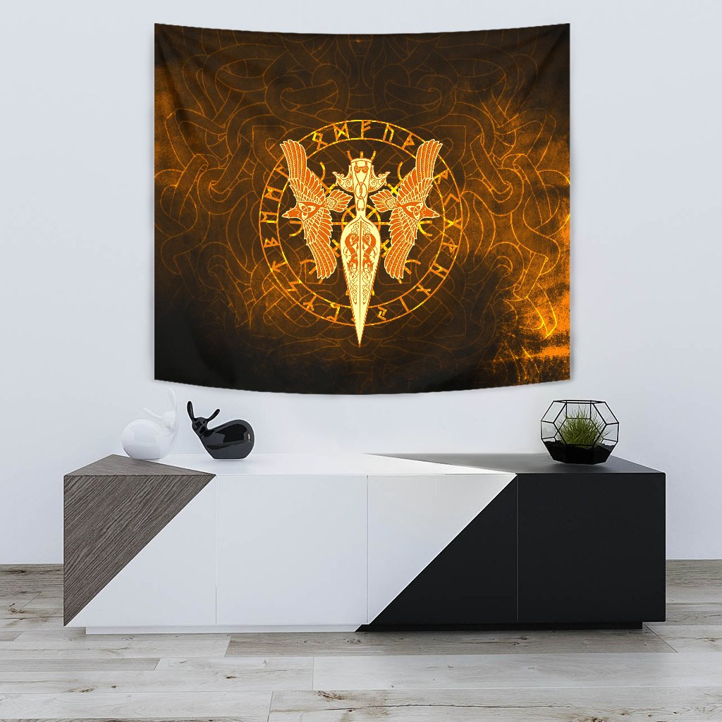 Tapestry Gold Spear Of The God Odin - Gungnir And Two Gold Ravens