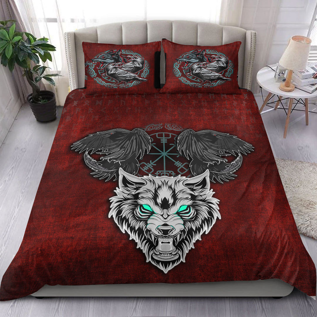 Bedding Set Fenrir Hugin and Munin Green Vegvisir Rune Bedding Set