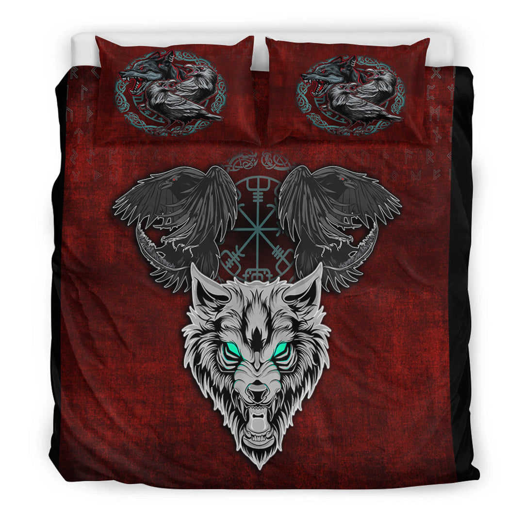 Bedding Set Fenrir Hugin and Munin Green Vegvisir Rune Bedding Set
