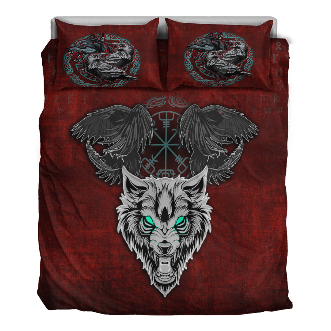 Bedding Set Fenrir Hugin and Munin Green Vegvisir Rune Bedding Set