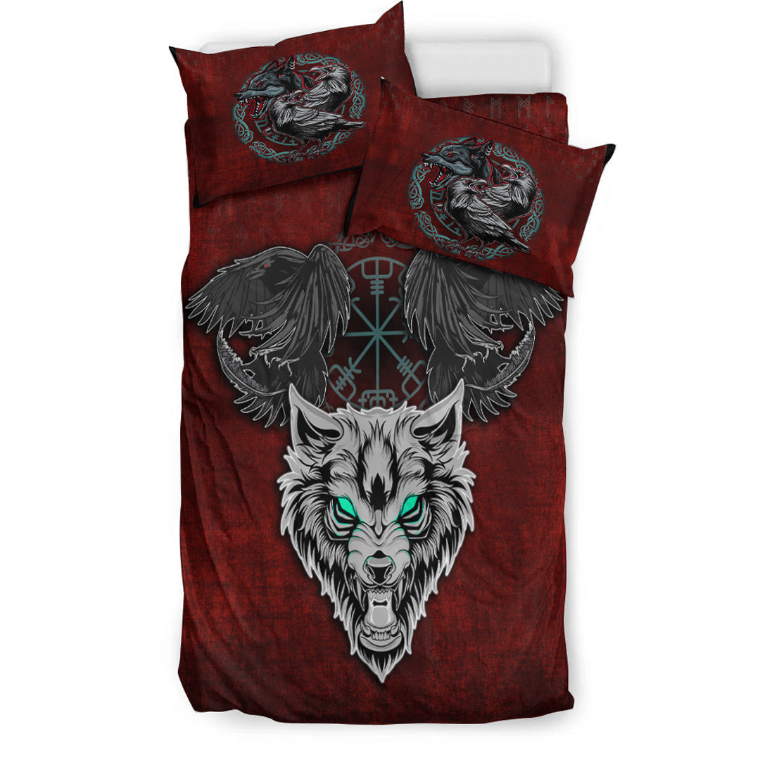 Bedding Set Fenrir Hugin and Munin Green Vegvisir Rune Bedding Set