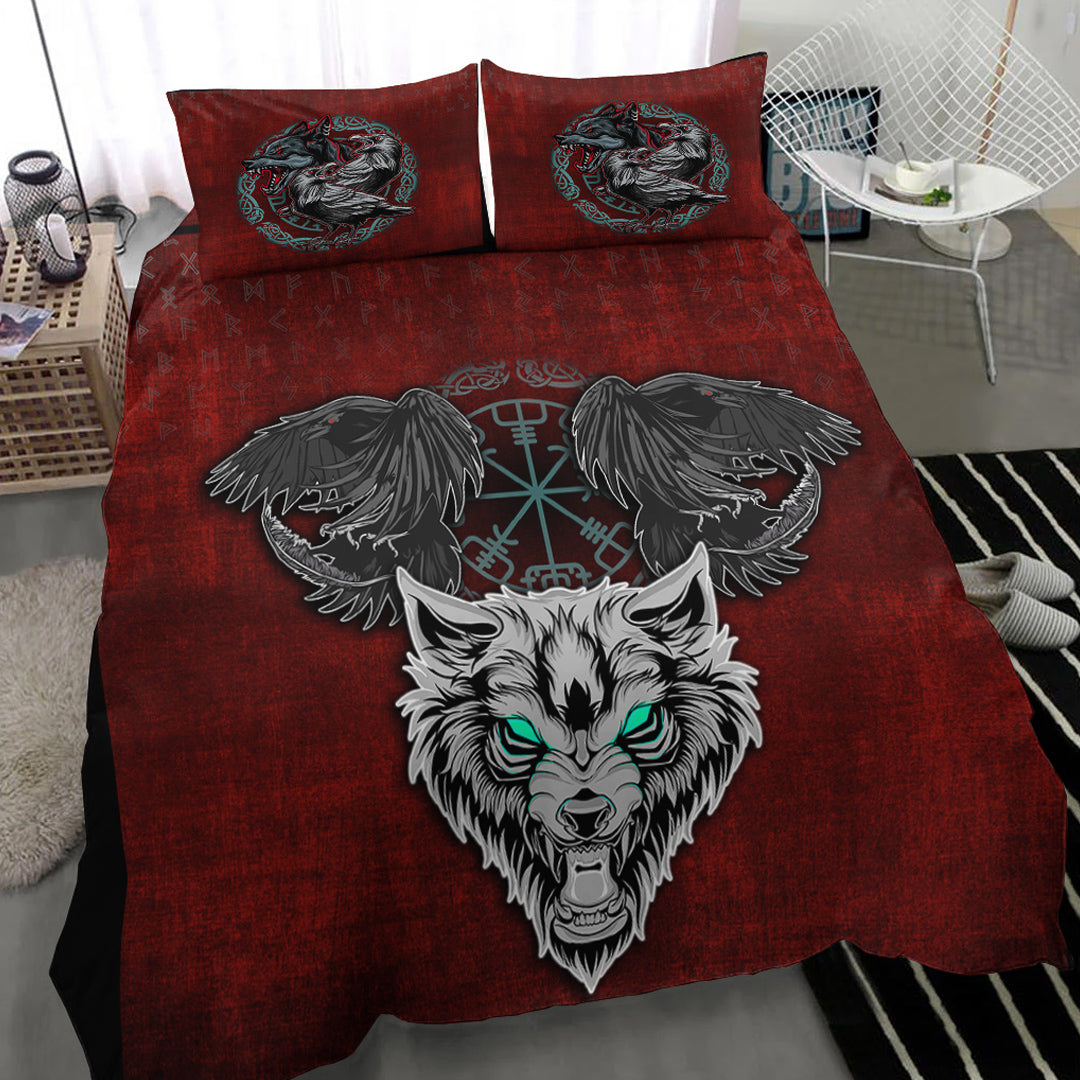 Bedding Set Fenrir Hugin and Munin Green Vegvisir Rune Bedding Set