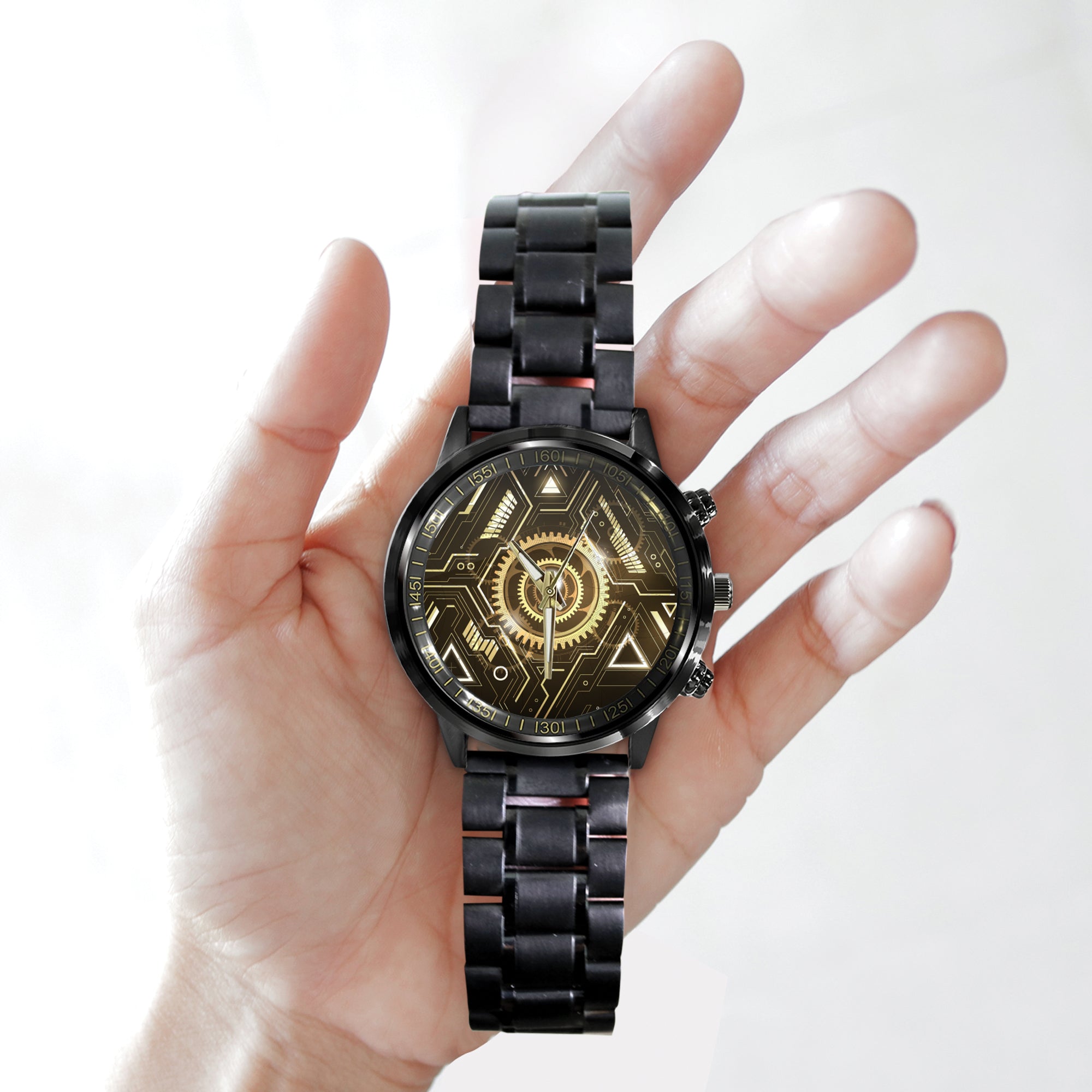 Watch - Glow Keyhole Gold Abstract Futuristic Technology Black Stainless Steel Watch