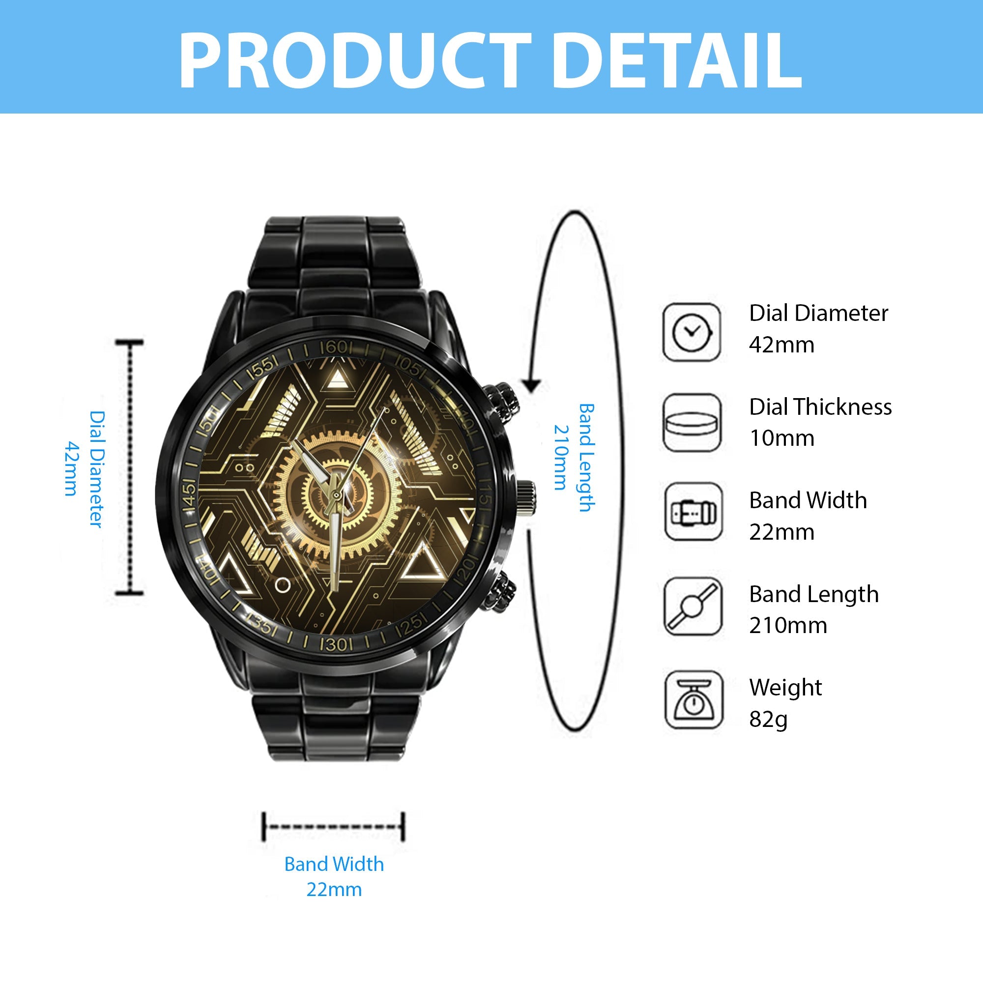 Watch - Glow Keyhole Gold Abstract Futuristic Technology Black Stainless Steel Watch