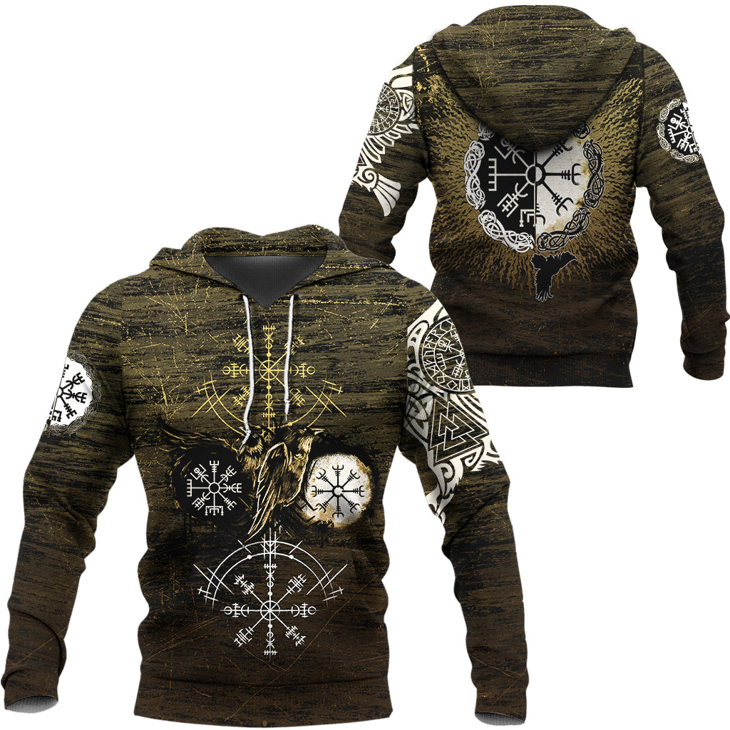 Hoodie Raven of Odin and Symbol Viking on Gold Background