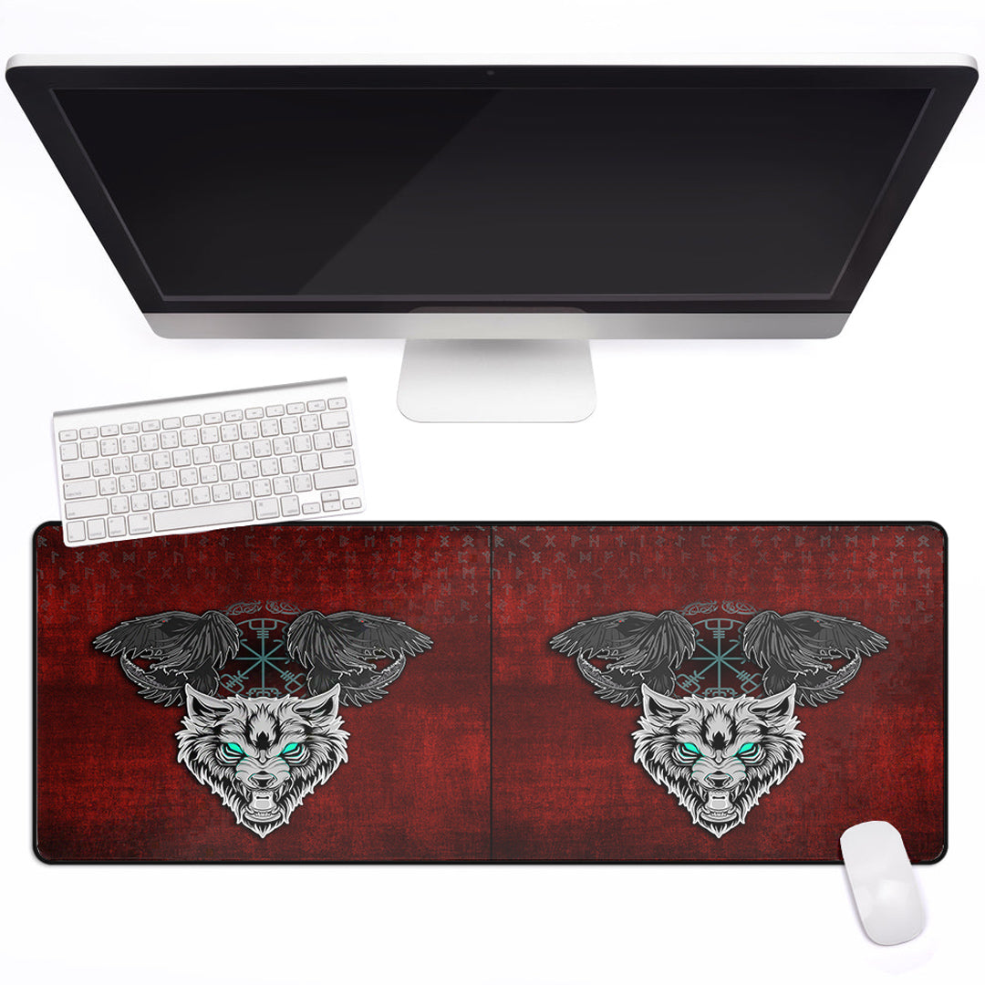 Mouse Mat - Fenrir Hugin and Munin Green Vegvisir Rune Mouse Mat