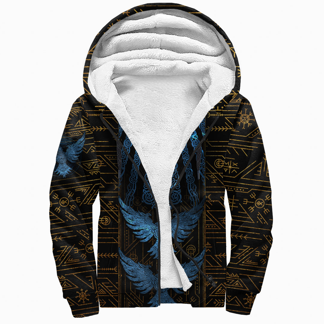 Sherpa Hoodie - Odin Raven Golden Pattern Viking