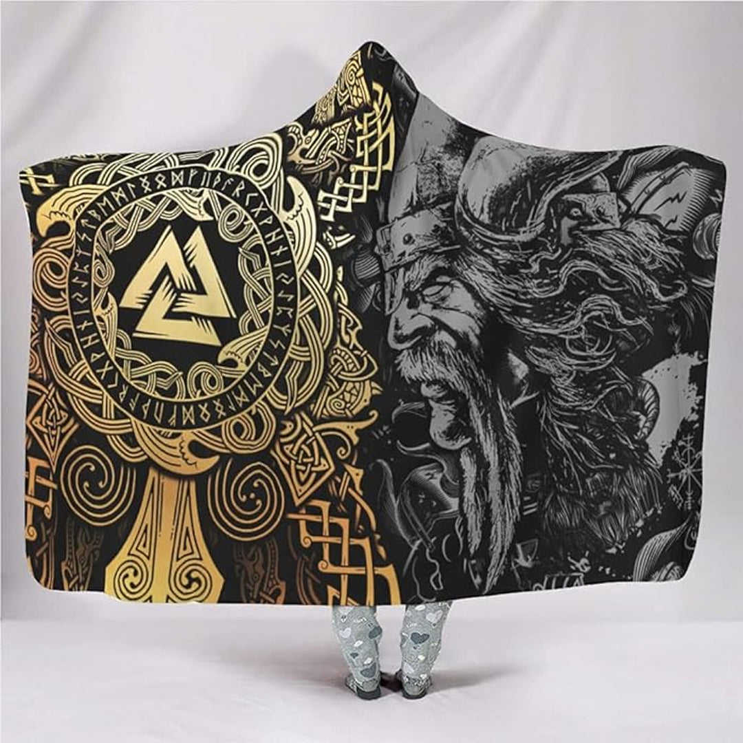 Hooded Blanket - Odin and Valknut Black and Gold