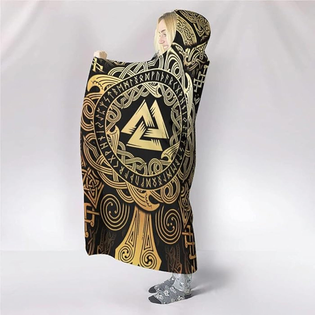 Hooded Blanket - Odin and Valknut Black and Gold