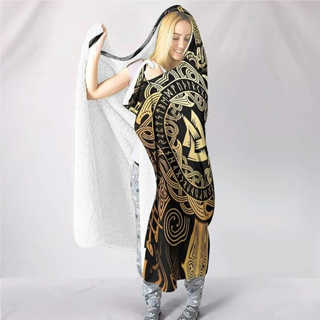 Hooded Blanket - Odin and Valknut Black and Gold