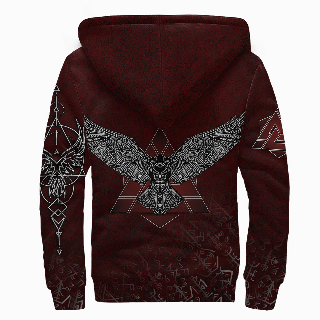 Sherpa Hoodie - Raven Red Valknut Rune