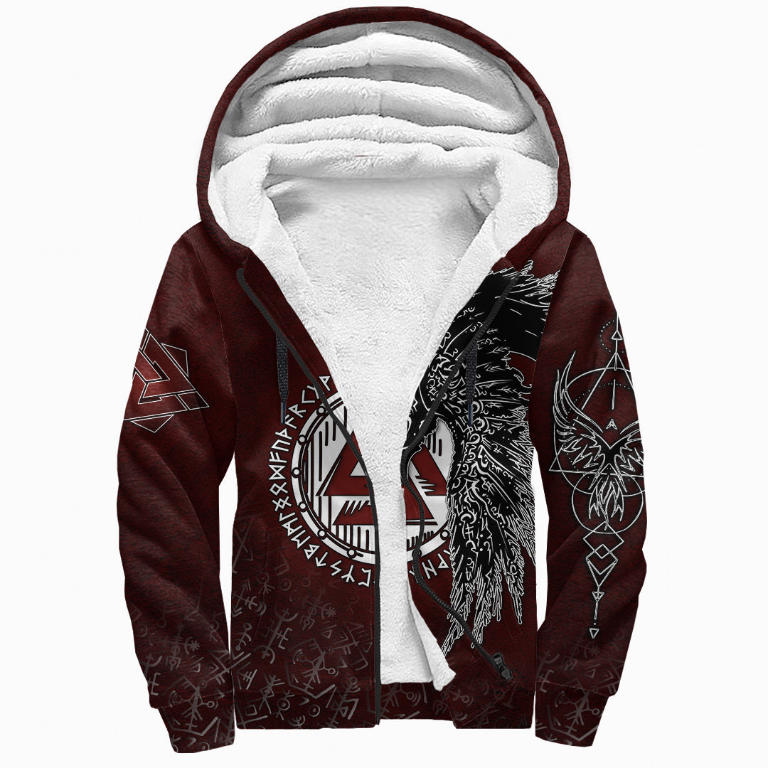Sherpa Hoodie - Raven Red Valknut Rune