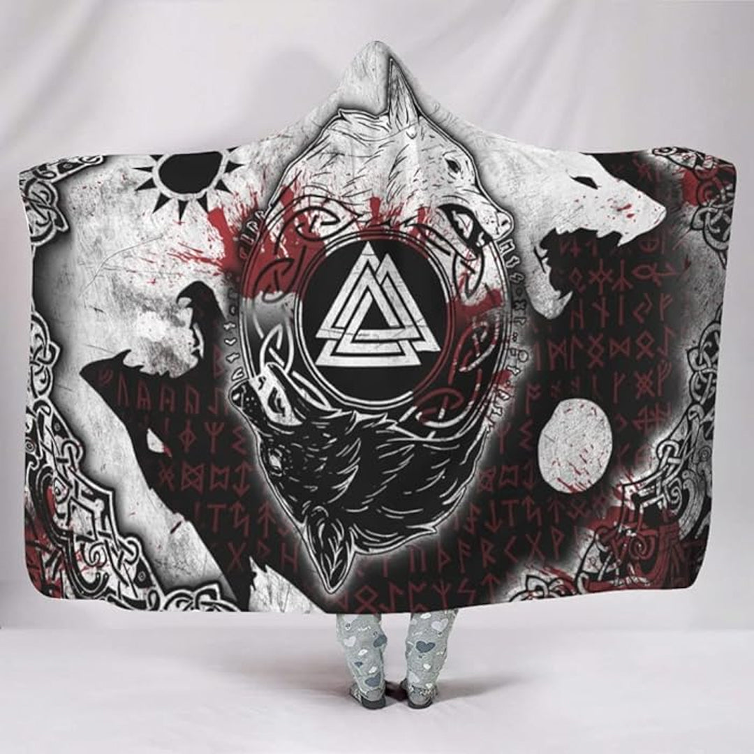 Hooded Blanket - Skoll and Hati Valknut and Blood Rune