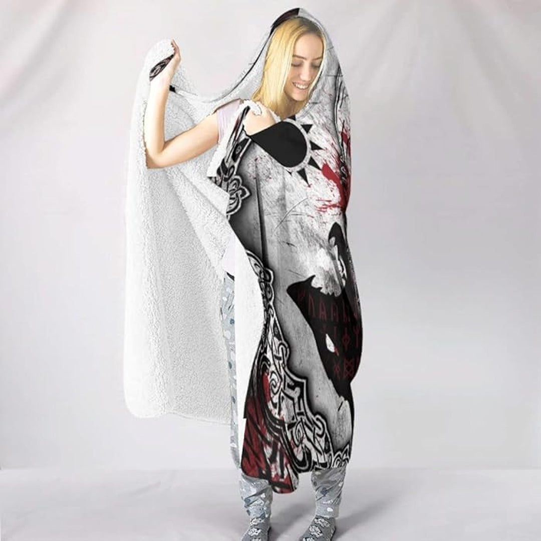Hooded Blanket - Skoll and Hati Valknut and Blood Rune