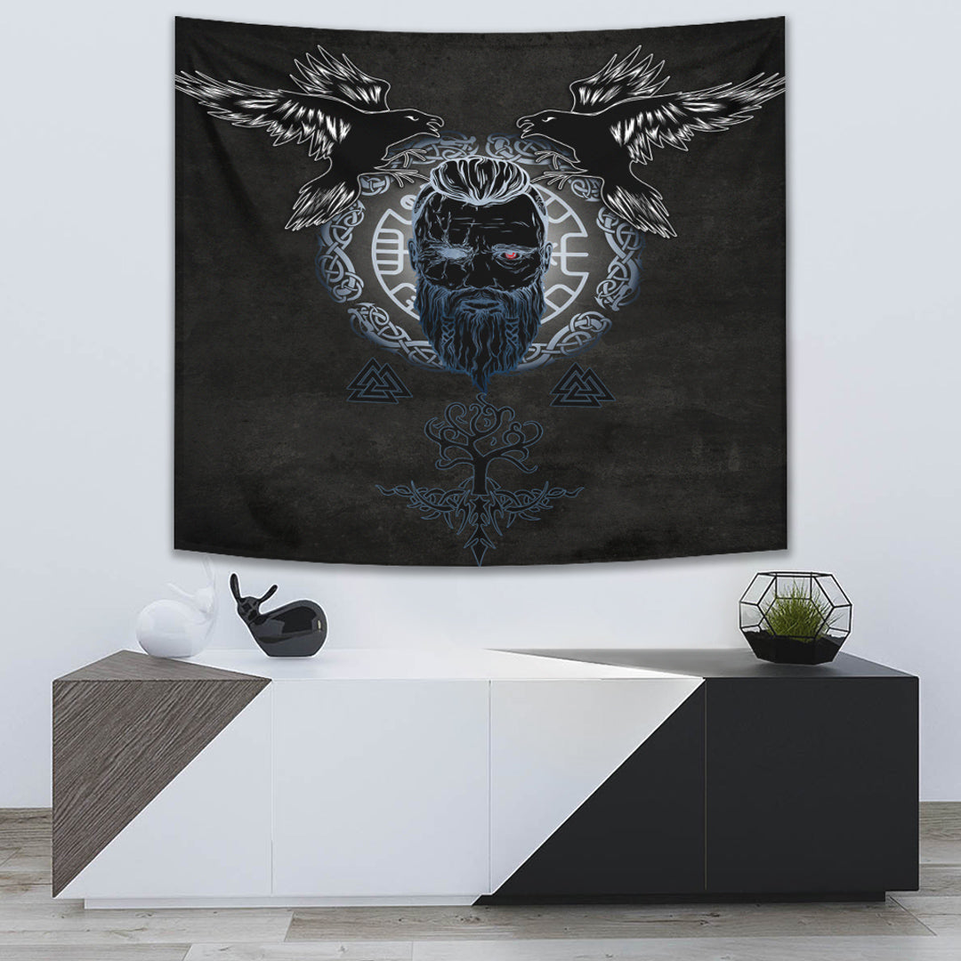 Tapestry - Odin Hugin and Munin Valknut Yggdrasil White Rune Tapestry