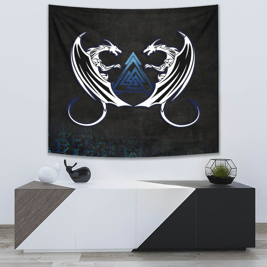 Tapestry - Double Dragon Valknut Rune Circle Vegvisir Tapestry