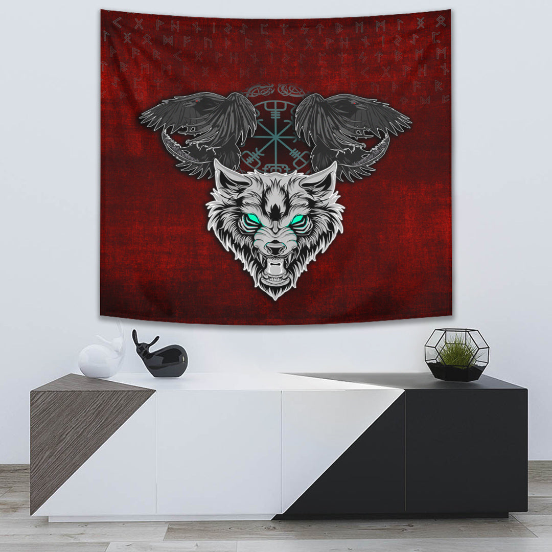 Tapestry - Fenrir Hugin and Munin Green Vegvisir Rune Tapestry