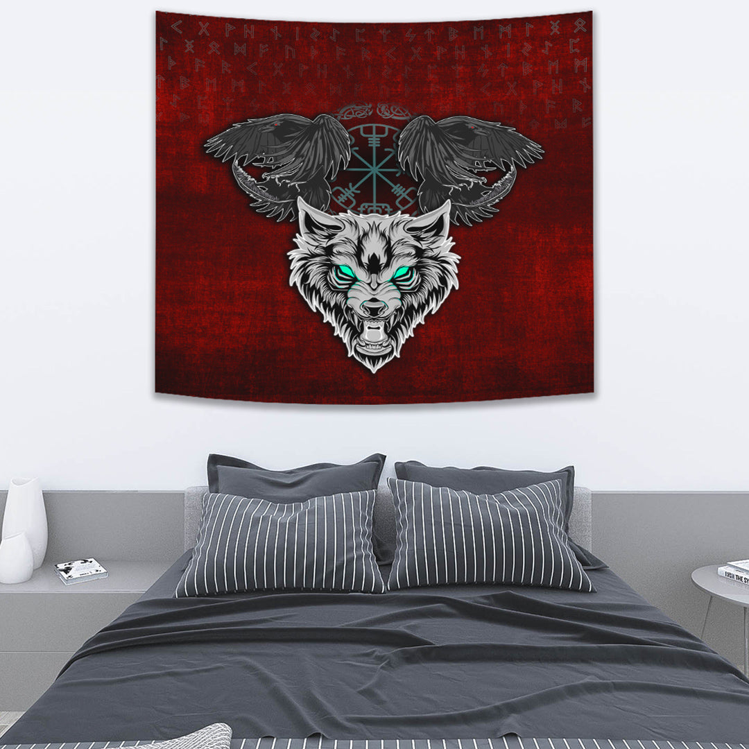 Tapestry - Fenrir Hugin and Munin Green Vegvisir Rune Tapestry